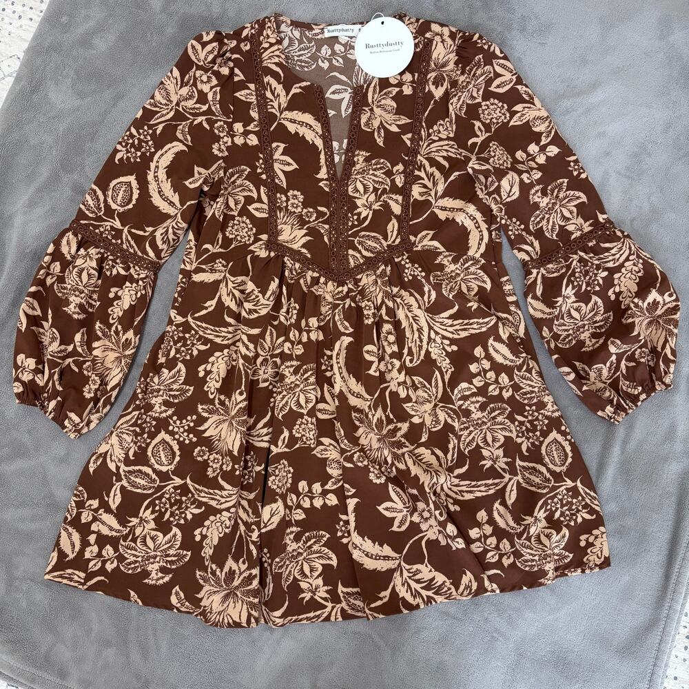 NWT Rustydustty Women’s Brown Floral Modern Bohemian dress Size - S